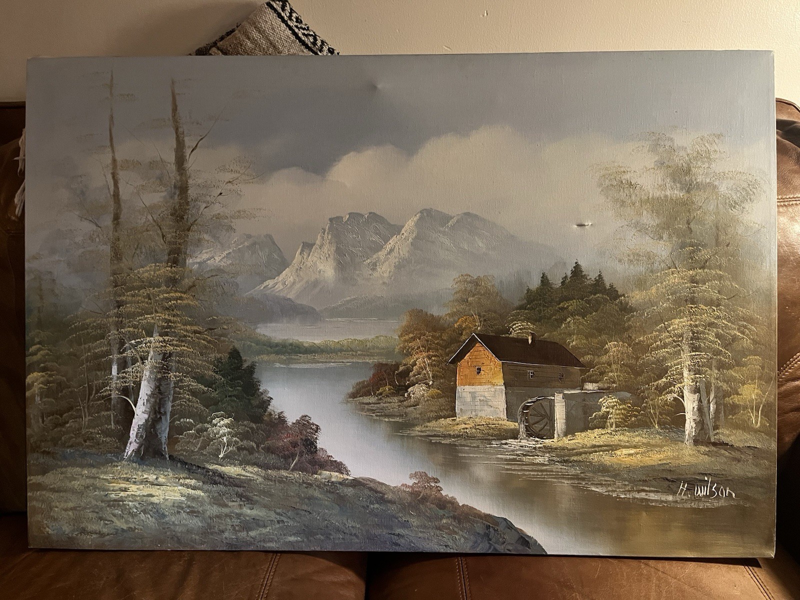 H. Wilson Signed Realism Landscape Painting Mountains River House Trees Canvas
