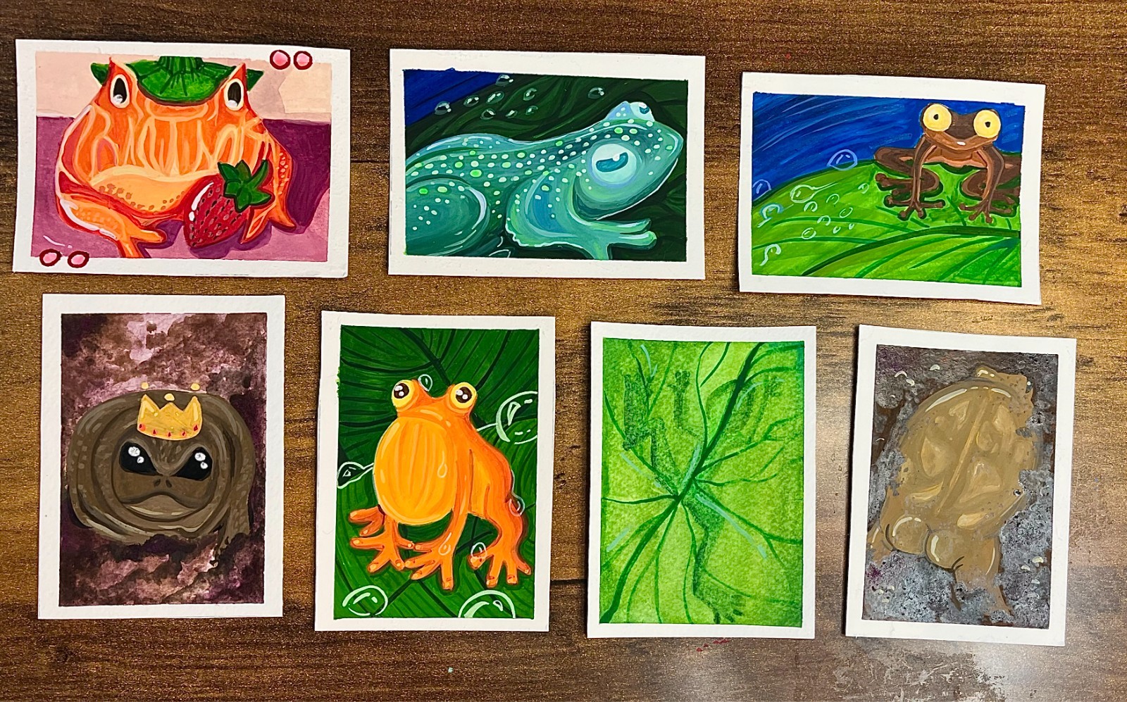 ACEO Original Orange Frog Whimsy Leaf Stylized Watercolor Art Cards NovaGale