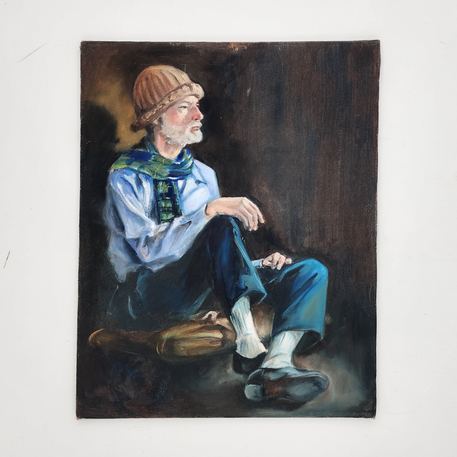 Original Oil Painting Portrait Seated Older Man Blue Scarf & Brown Knit Cap Art