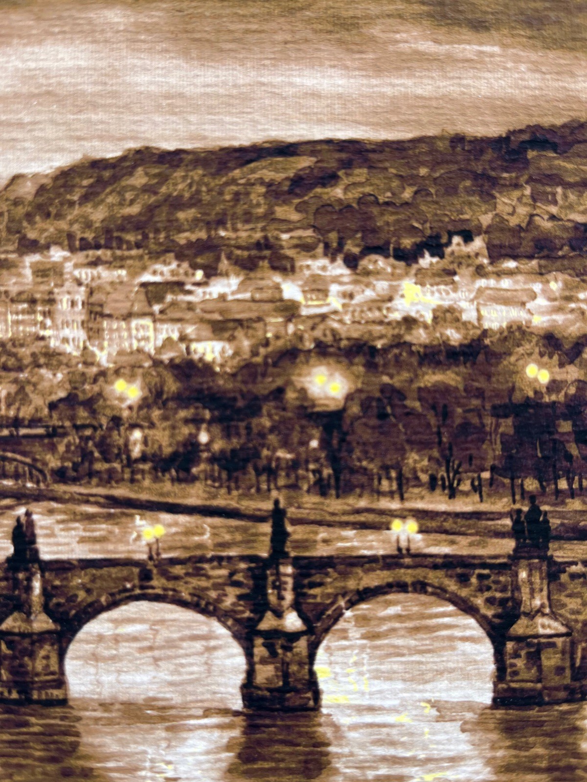 Framed Watercolor Cityscape Panoramic View of Prague at Night, Vltava
