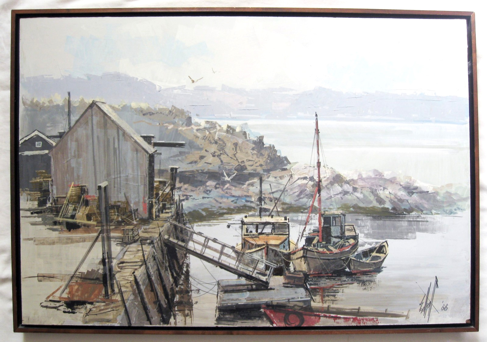 Edward J Elhoff Noted Baldwinsville NY Artist Acrylic Painting – SMALL BOATS