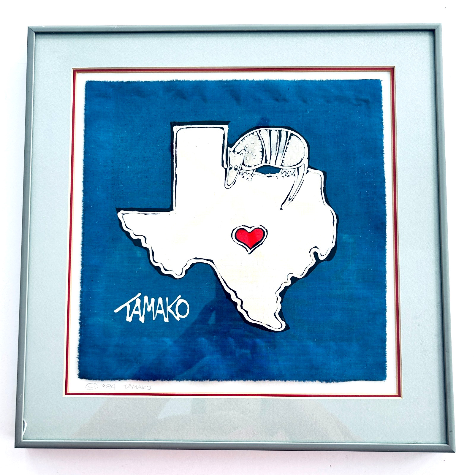 Jane Tamako I Love Texas Armadillo Signed ORIGINAL Batik Art 1984 Framed Matted