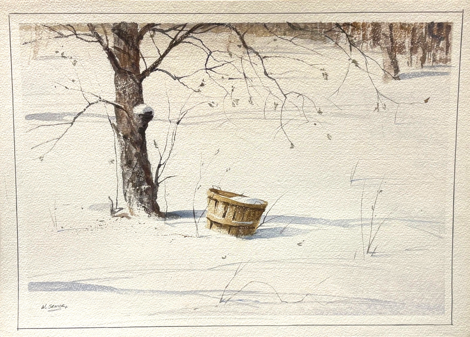 Tree & Basket in Snow-13 2 7/8 x 18 W/C Painting-William Senior (1953-2024)
