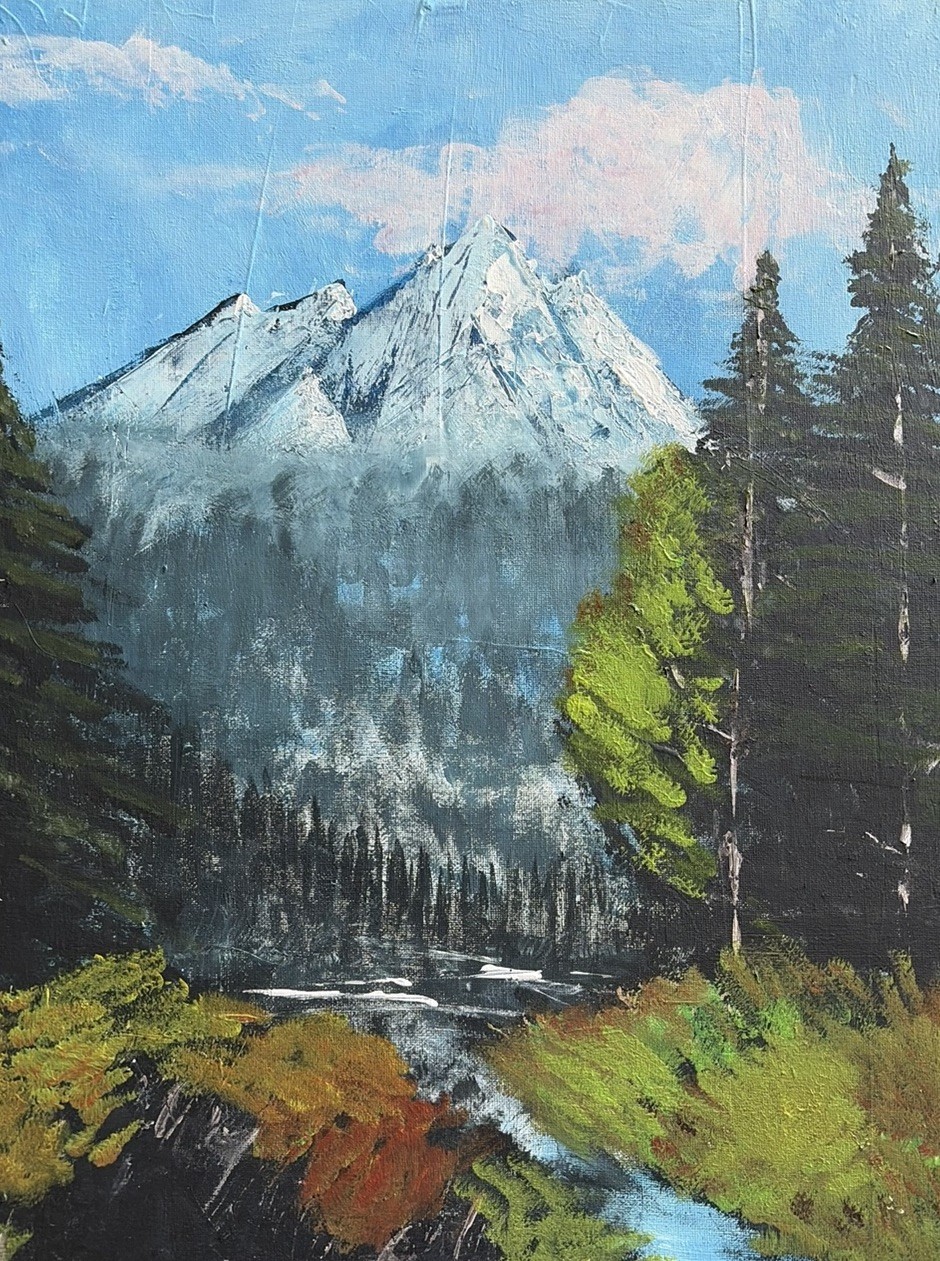 Mountain River Forest Landscape Painting on Canvas, Unframed. (16x20in)