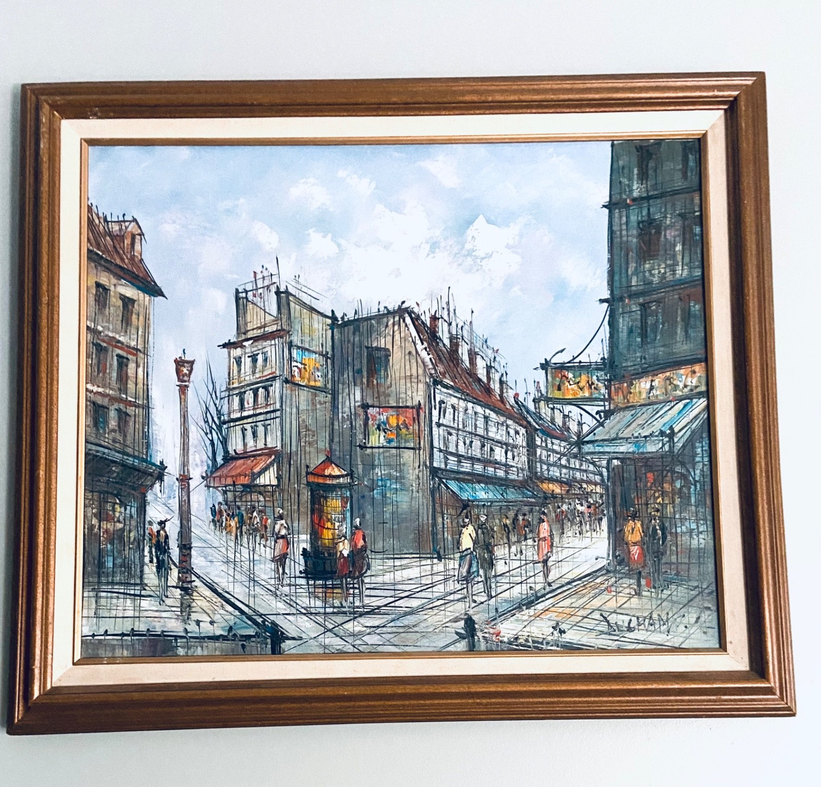 Paris Original Oil Painting Canvas, signed 24”W x 20”H, vintage wood frame 1980s