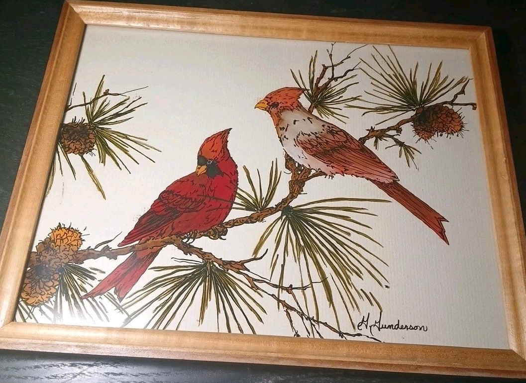 Vintage Reverse Painting On Glass Cardinal Original G. Gunderson 14.5″ X. 11.5″