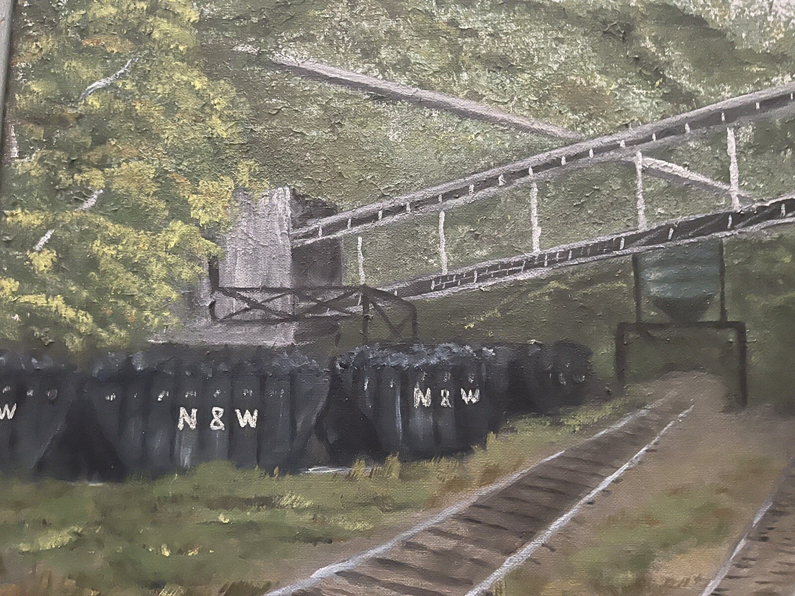 1977 N&W COAL TRAIN CARS at McDOWELL COUNTY, WV OIL PAINTING, ALFREDA PERDUE