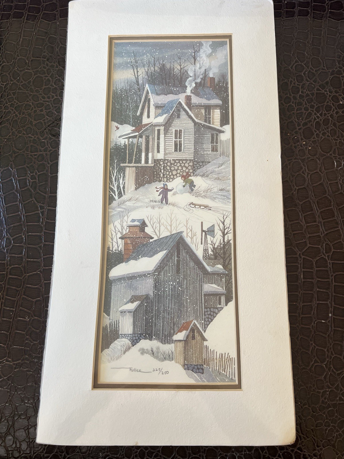 Lu Fuller Print Signed Matted 227 of 250 Art 18″ Vintage Snow Winter Scene Farm