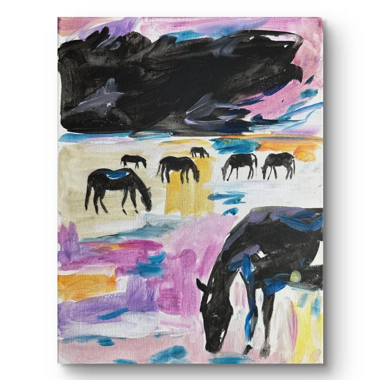 Horses Grazing Colorful Horse Rustic Animal 11×14 Painting Farm Animal Art Orig