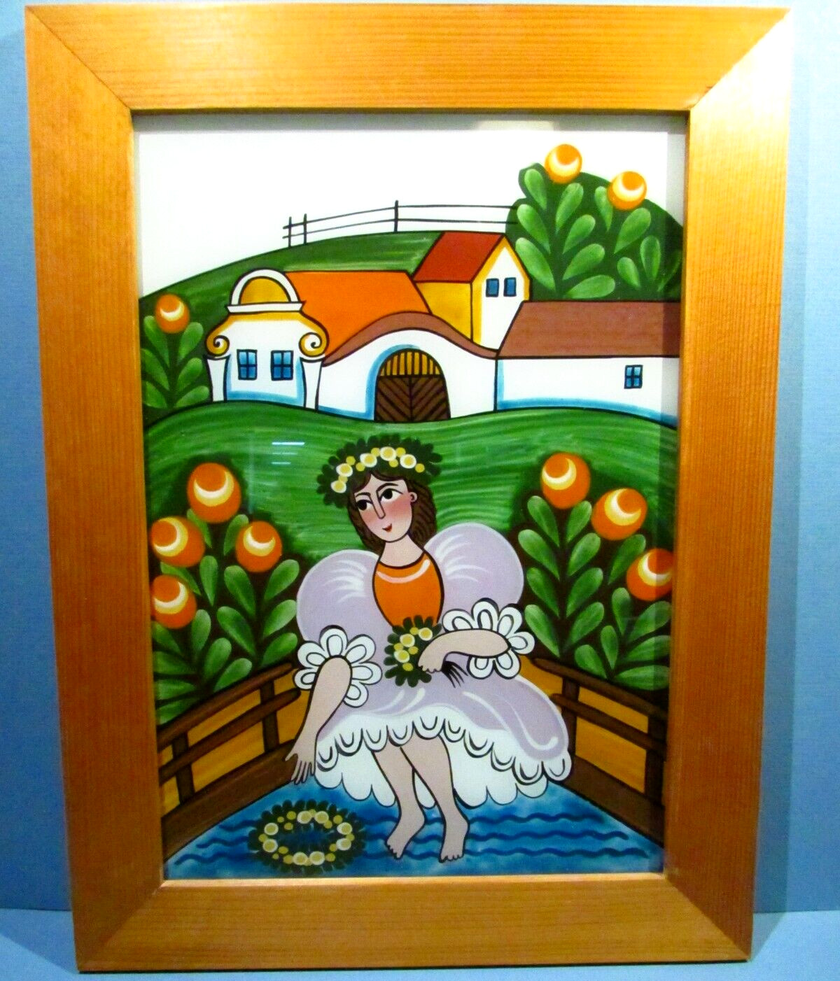 Czechoslovakia Girl by Water Glass Painting Hand Painted Mikundova Josef Lada