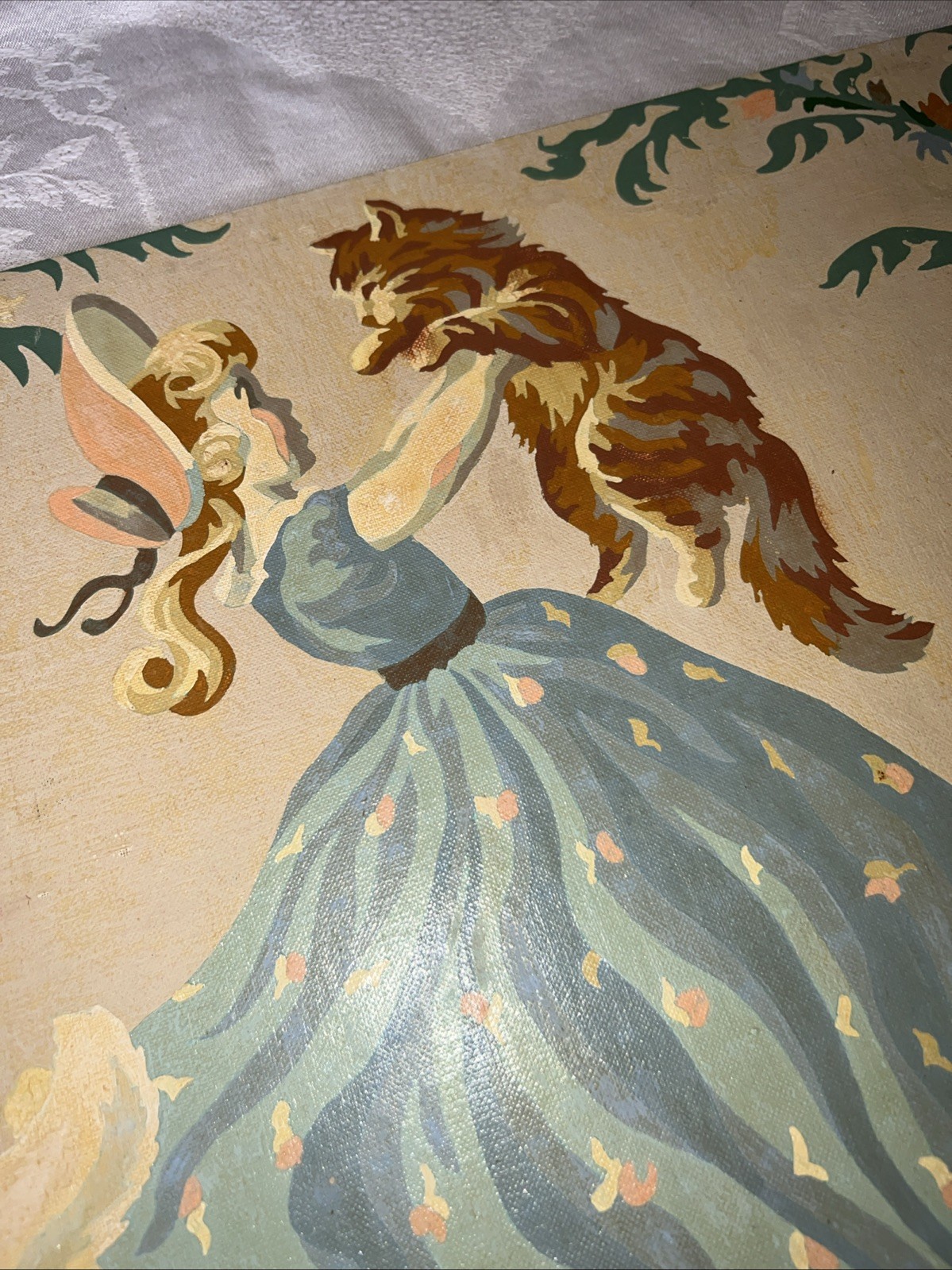 VTG 1950s Paint By Number Little Girl & Kittens Storybook Coquette Art 16×20