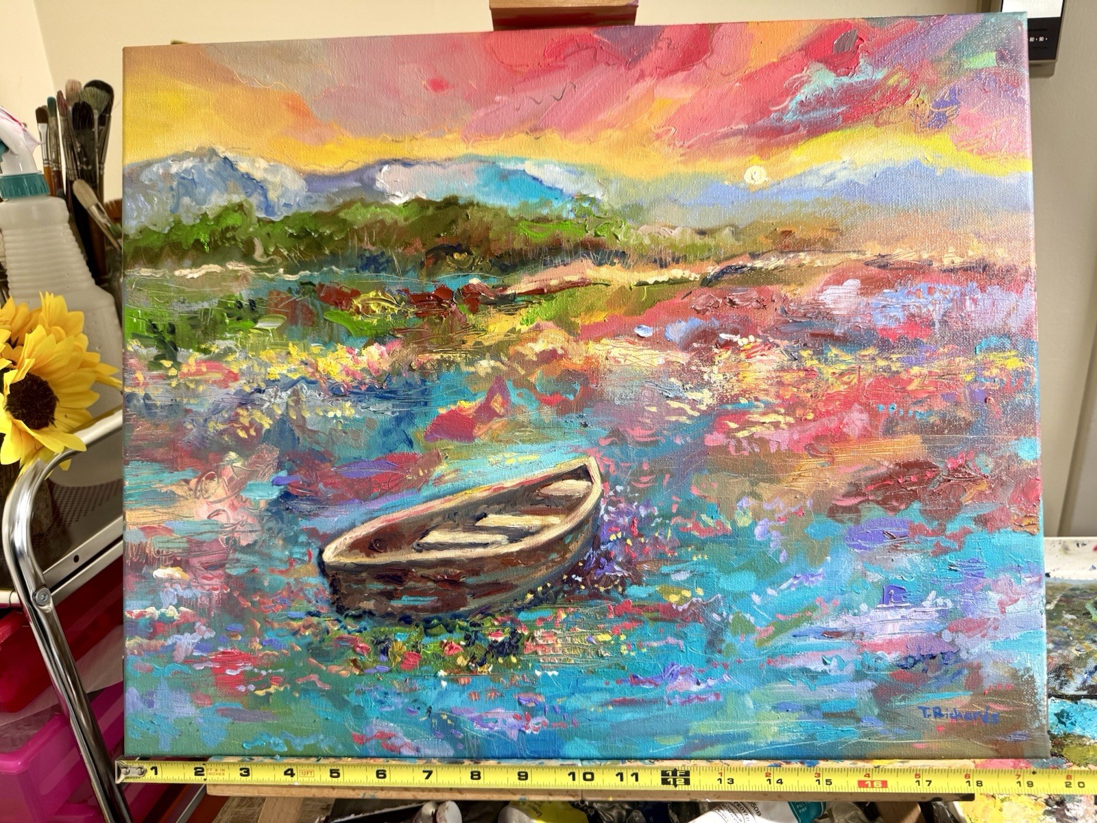 Boat oil painting ORIGINAL art Landscape Lake River Ocean Seascape Sunset 16×20