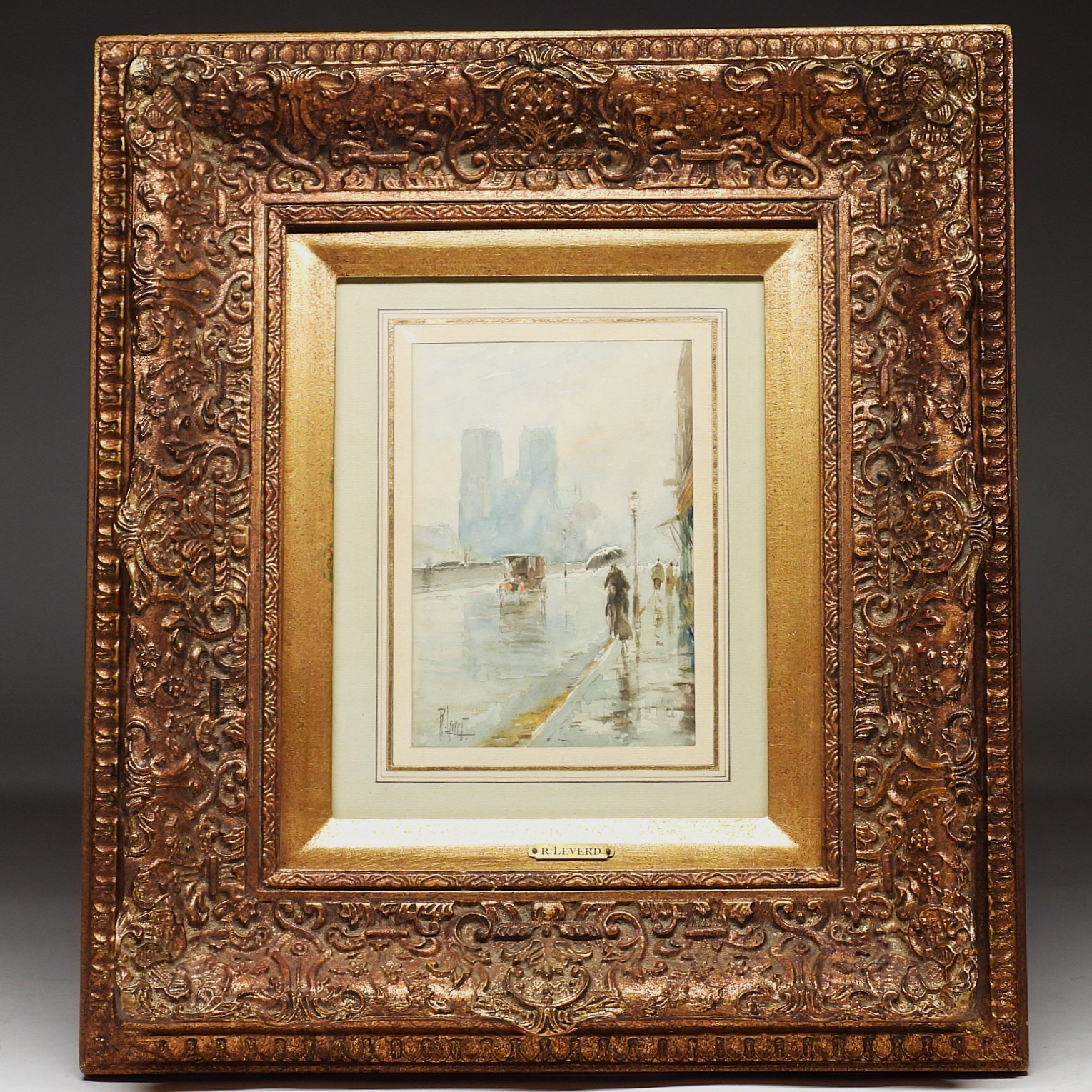 Rene Leverd French Artist Misty Day Street Scene in France WC Painting