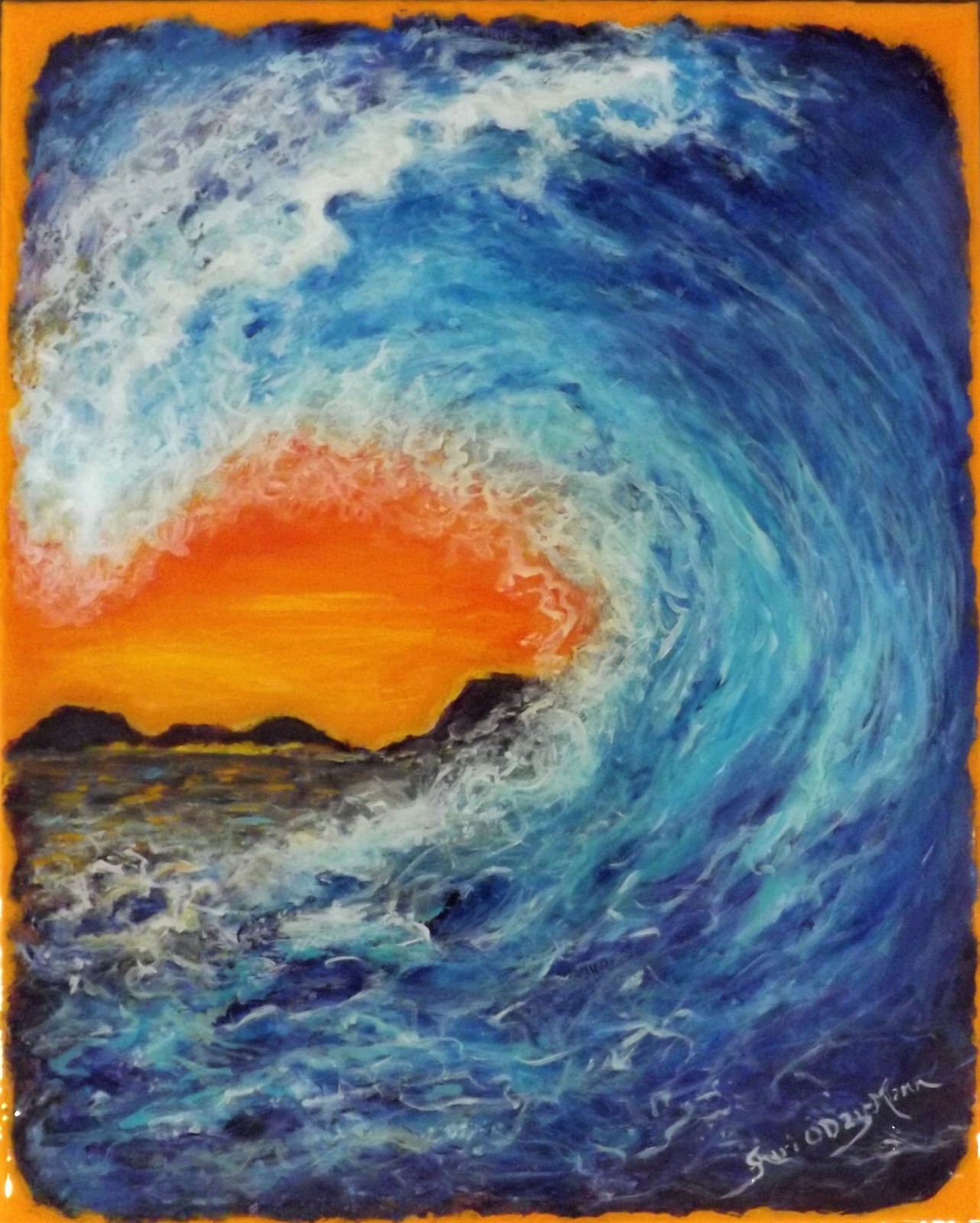 Original Ocean Wave Sunset Painting 20 X 16 Coastal Seascape Blue Surf Wall Art