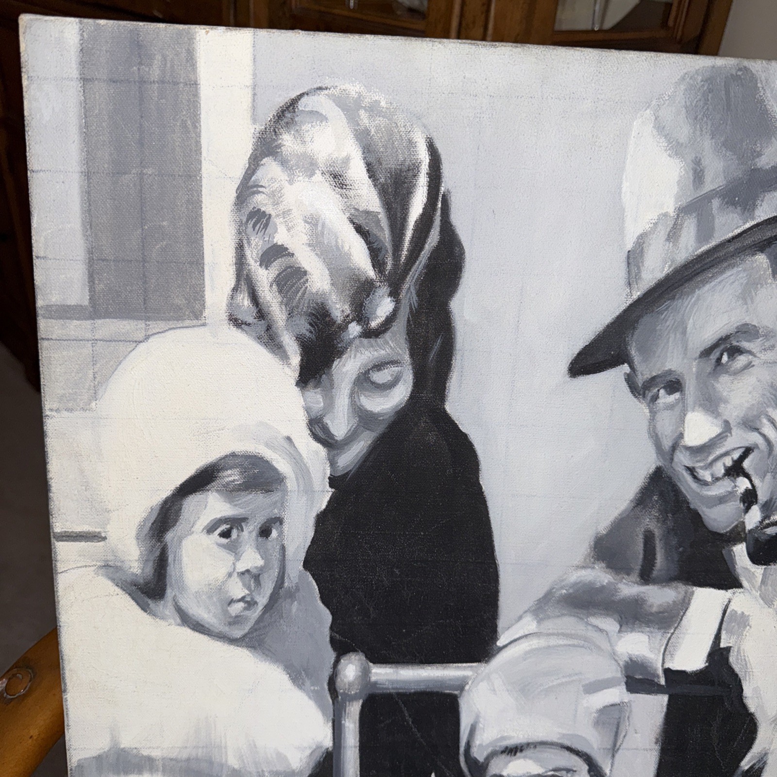 Vintage 1981 Portrait Painting Family in Black &White Canvas Figurative 16”x 23”