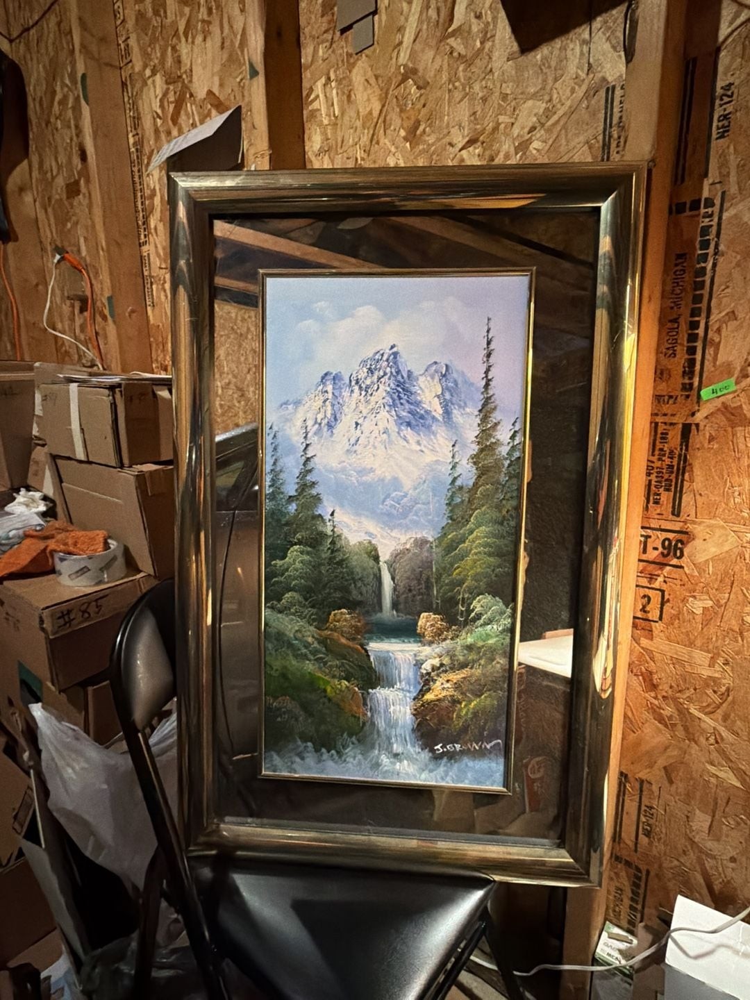 Landscape Oil Painting Framed Mountain Waterfall Scene