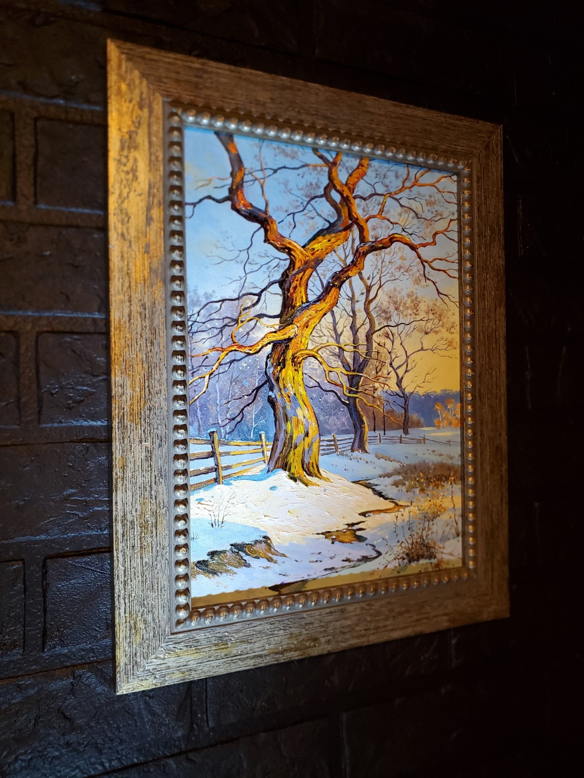 Original Oil Art Framed winter landscape painting with trees and bright blue sky