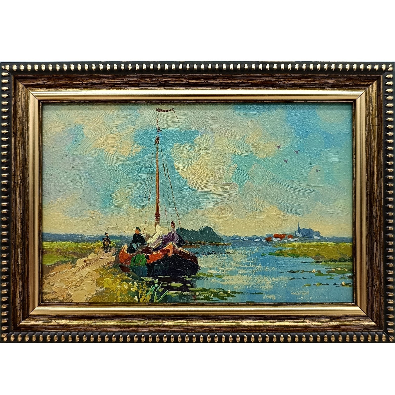 Sailboat Original Oil Painting 6×4 Framed Signed Vintage Marine Landscape Art