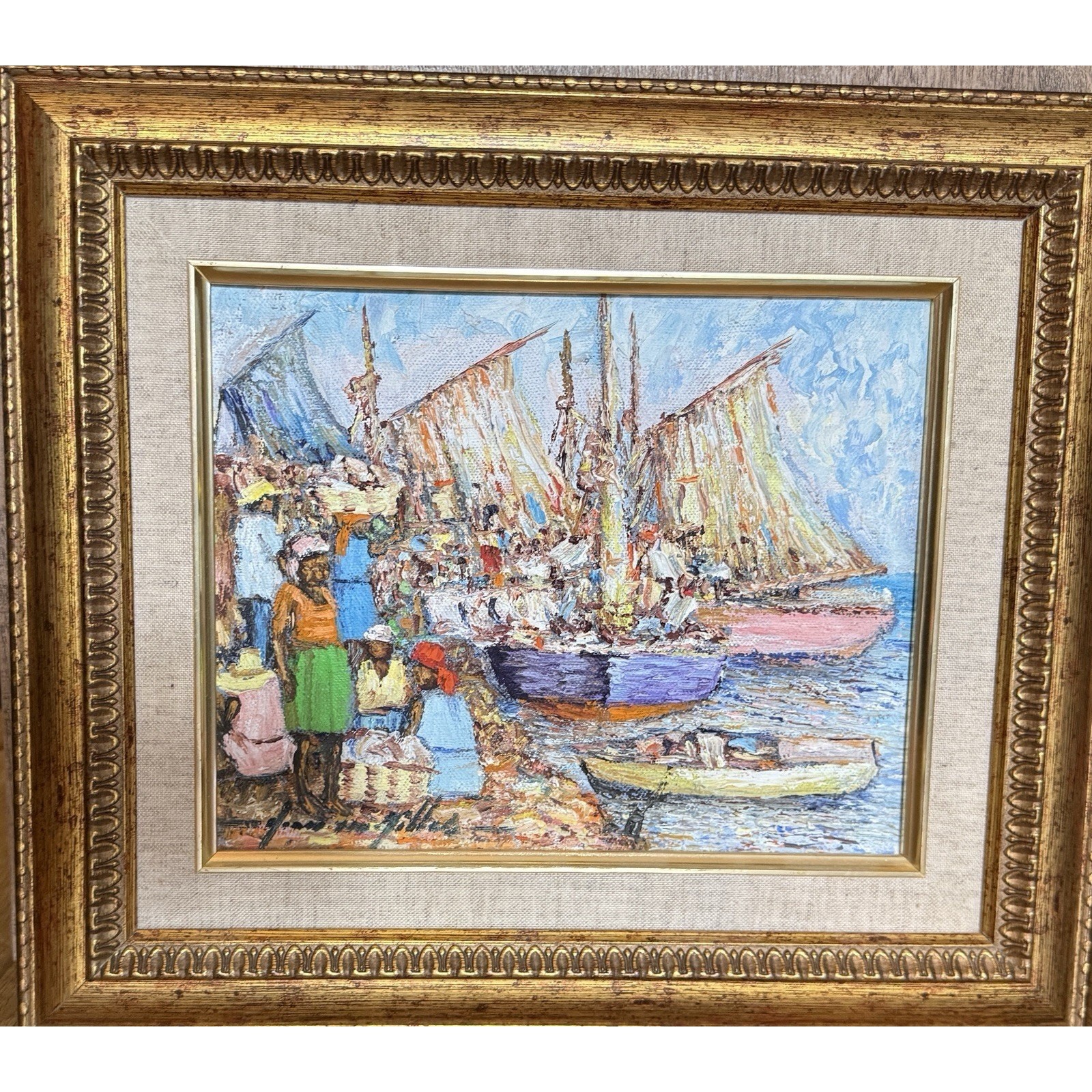 JEAN-BAPTISTE HAITIAN Oil PAINTING The village Haiti 14.75×13” Gold Frame