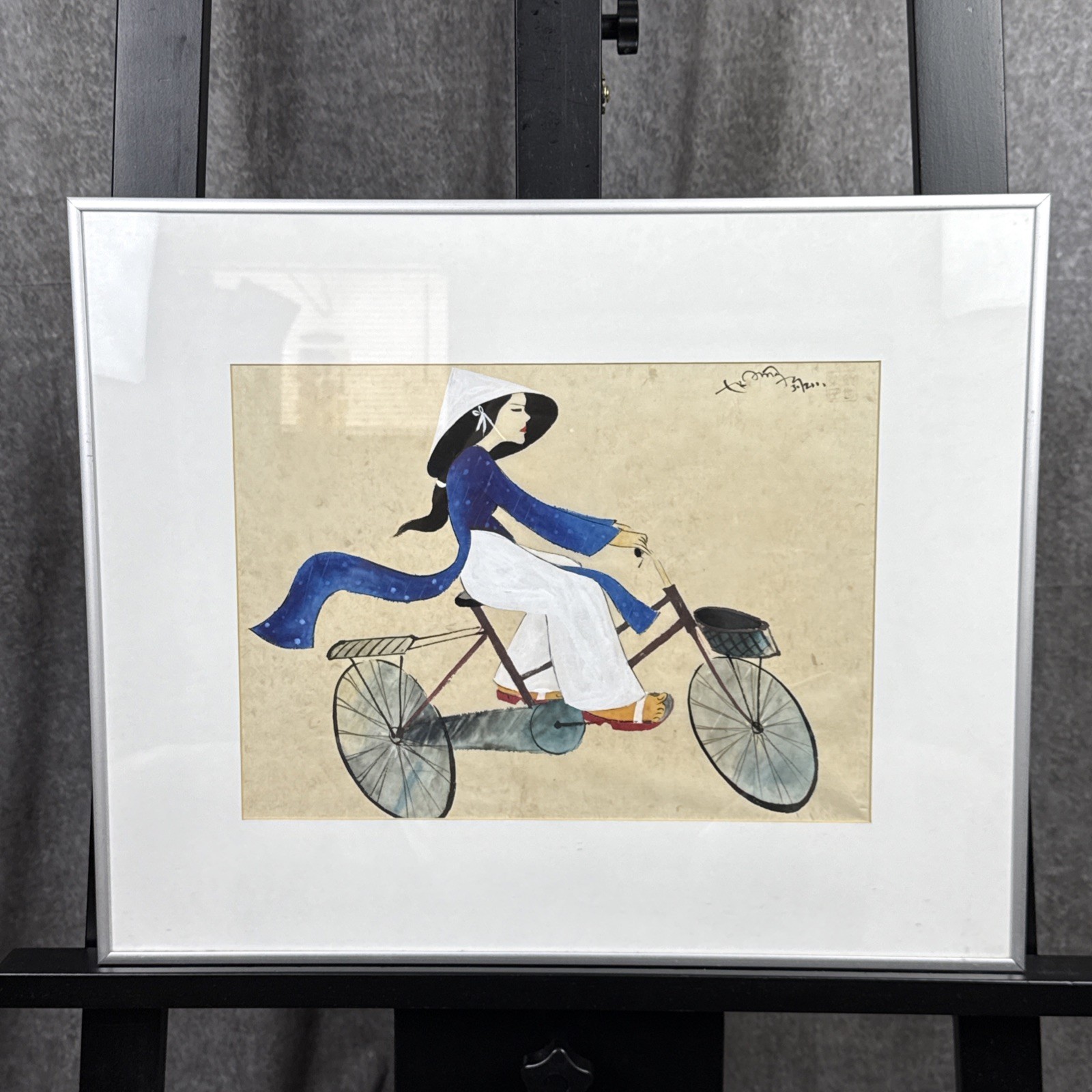 Vietnamese Watercolor Painting Signed & Dated Illegibly Woman Riding Bike 19×16”