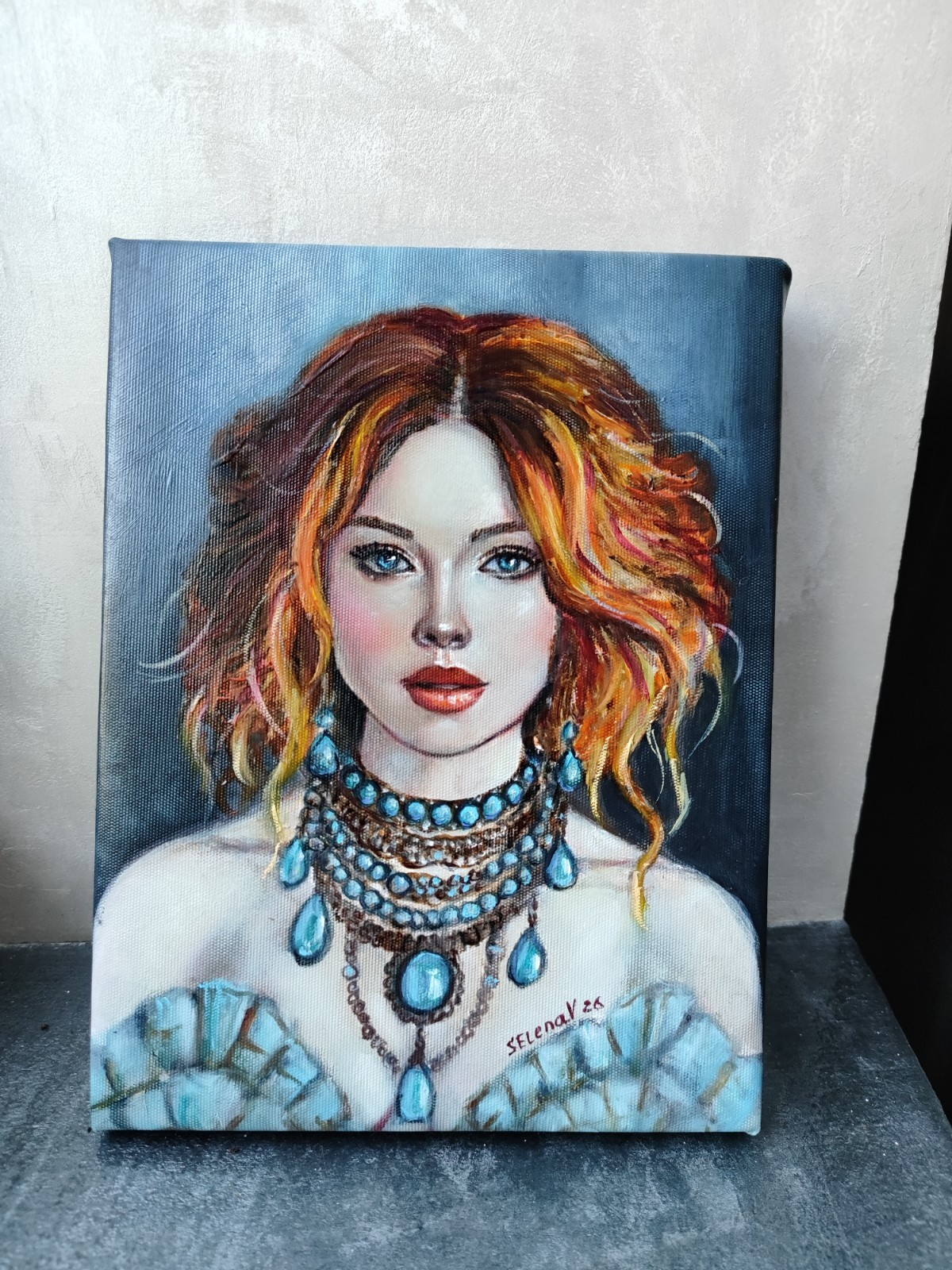 Original Oil Painting Redhead Woman Turquoise Jewelry Portrait 7×9″ 18x24cm Art
