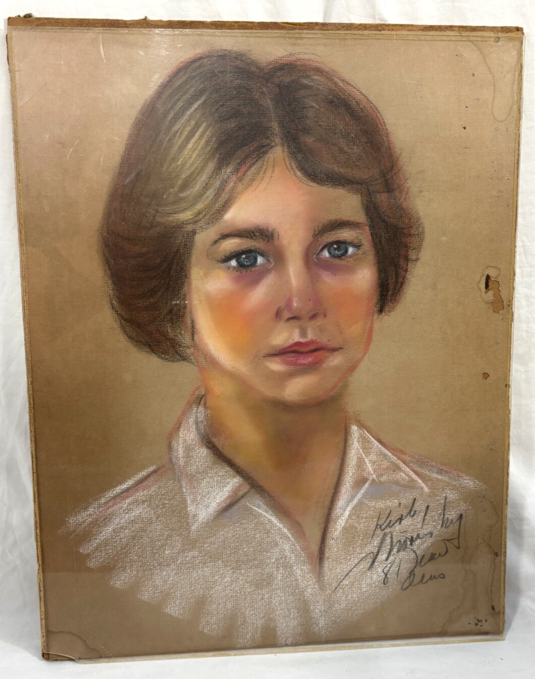 Vintage Original Portrait Of Young Woman in Pastel Crayon Signed, Dated 1981