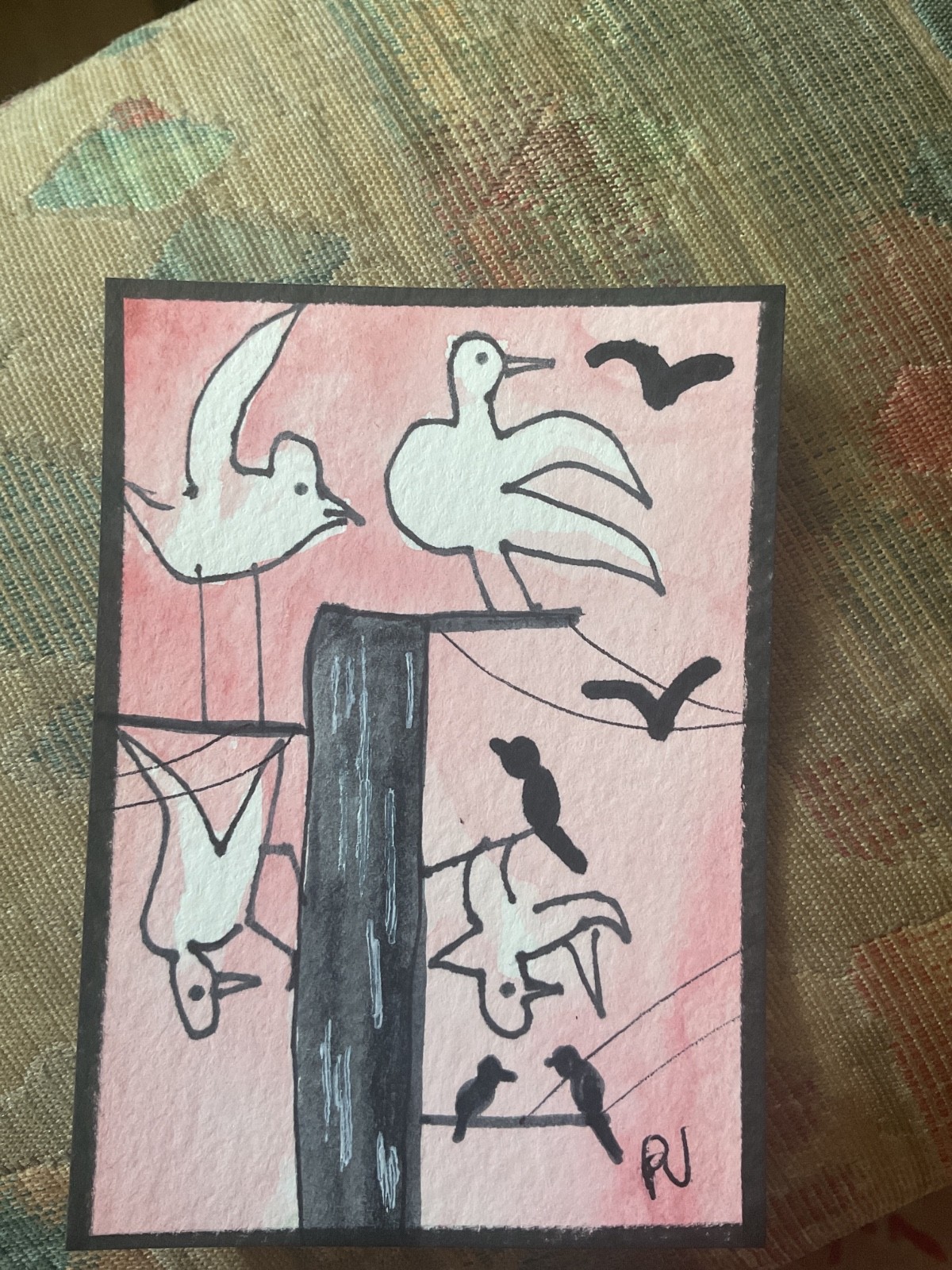 ACEO watercolor art by PJ, art card 2.5 x 3.5: birds on a wire.