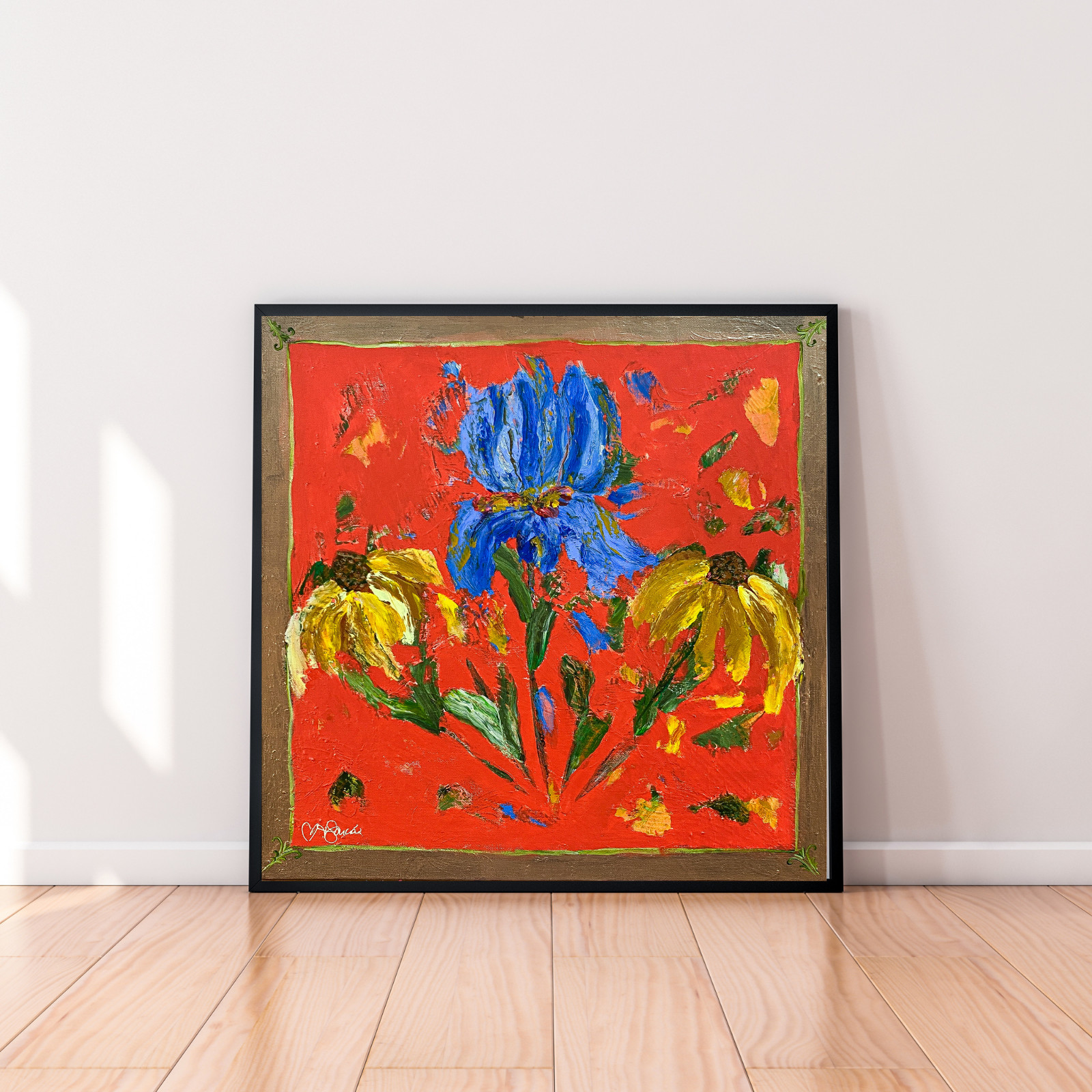 Abstract Iris and Cone Flowers 20×20 Expressionism Botanical Acrylic Canvas
