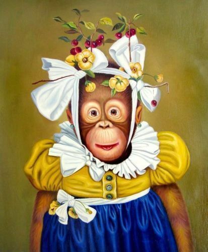 MQ-OP0117 Handmade Painted Monkey Pomegranate On Head Oil Painting Art Canvas