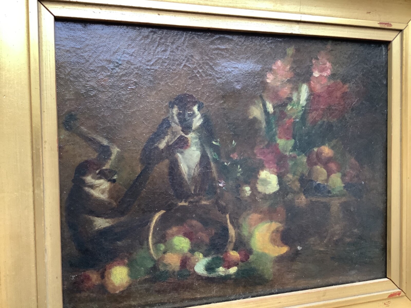 Antique Original French Impressionist Oil on Canvas 1890’s Monkeys Fruit Basket
