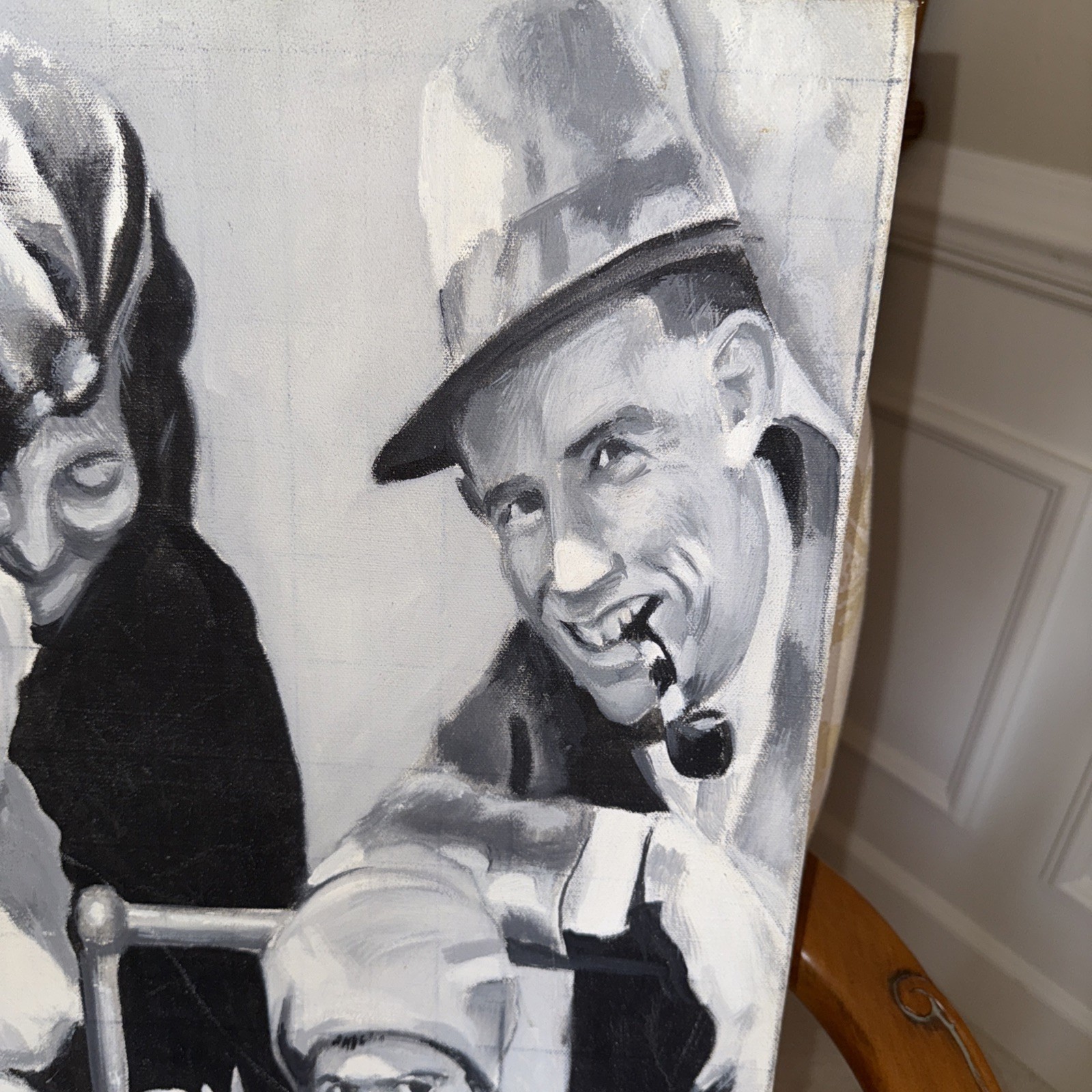 Vintage 1981 Portrait Painting Family in Black &White Canvas Figurative 16”x 23”