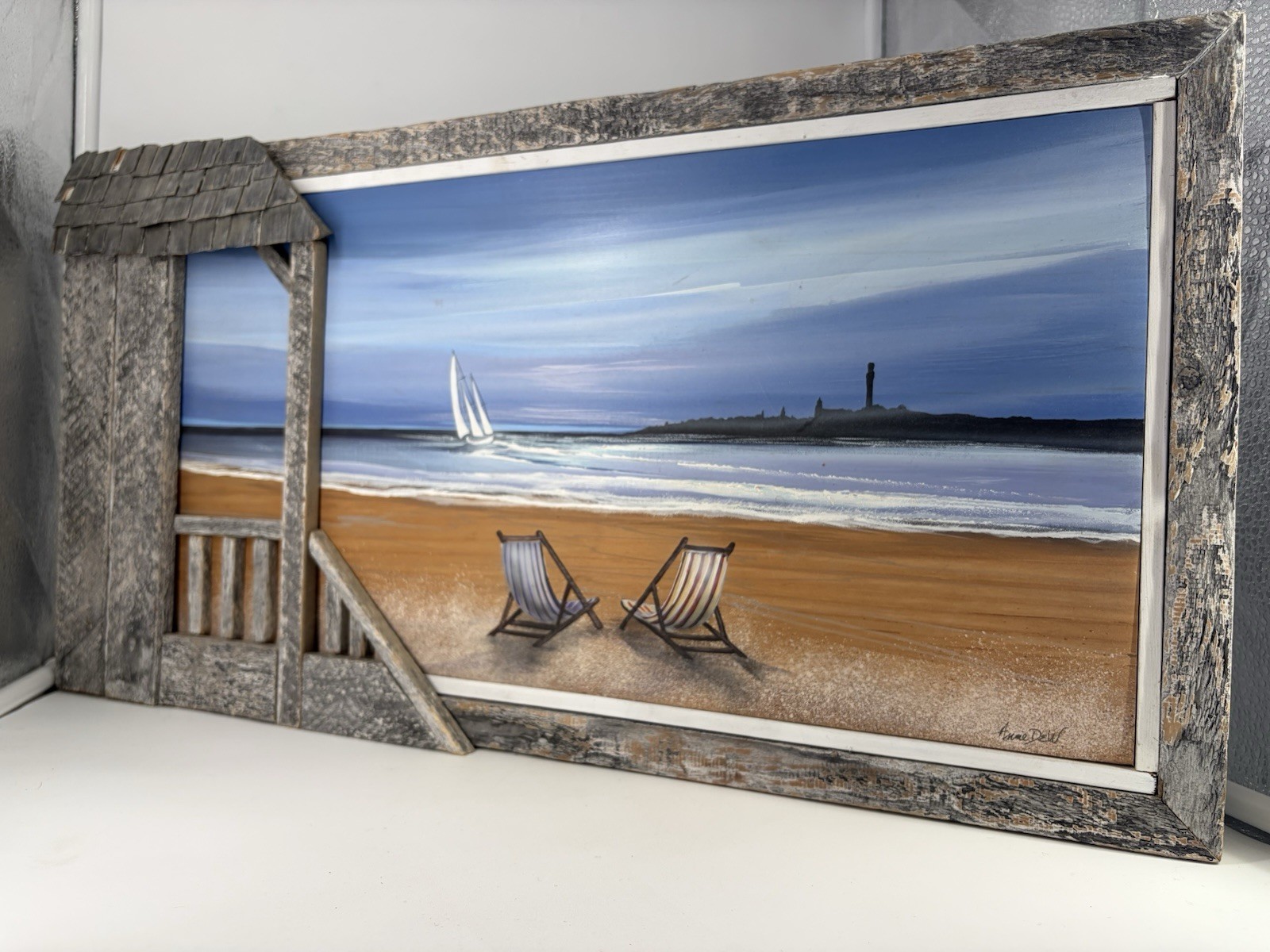 Annie Dew Original Art On Wood Signed Beach House Art Frame 11.5×22.5×1.5