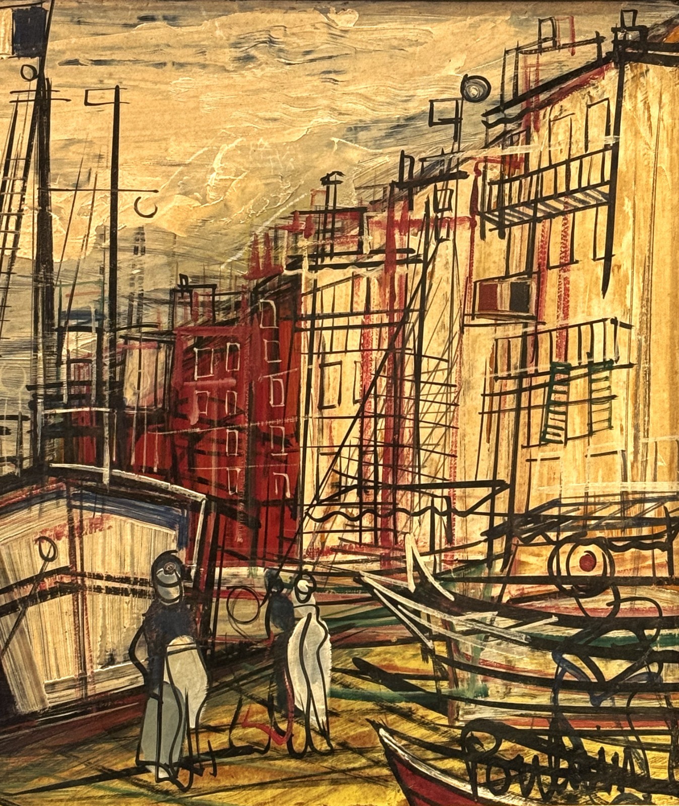 Michel-Marie Poulain (French), VTG MCM Origin. Oil/Masonite “Toulon 1954” Signed