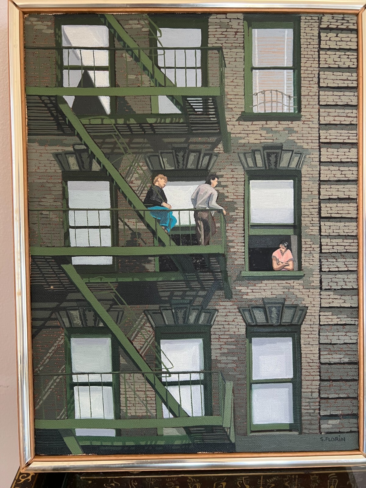 Original oil painting by Sharon Florin View of NYC Apartment Building 13″ X 10″