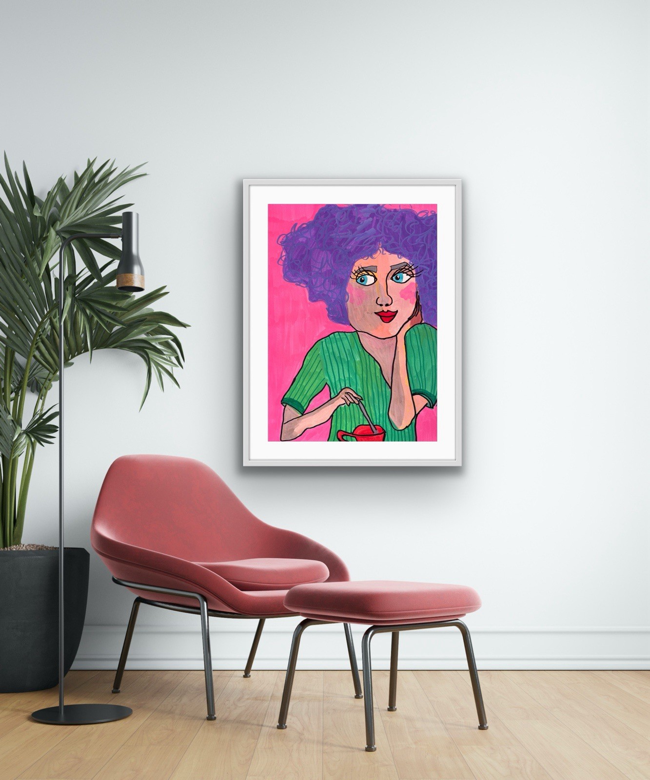 Pink Purple Green Coffee Woman Portrait Calm Girl original artwork by artist