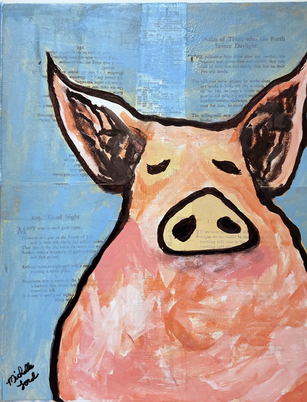 Original Outsider Folk Art Pig Painting Close Up Vintage Paper Collage wall art