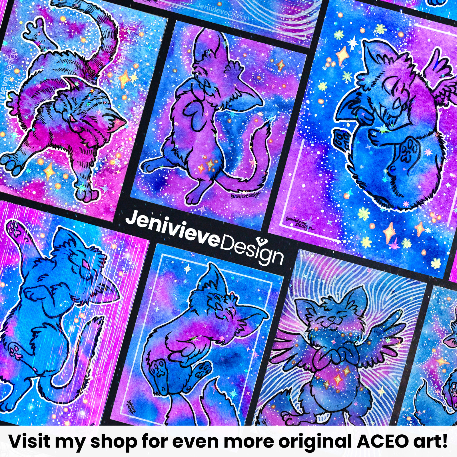 COMMISSIONS – Watercolor Galaxy Cat ACEO Artist Trading Card Original Art