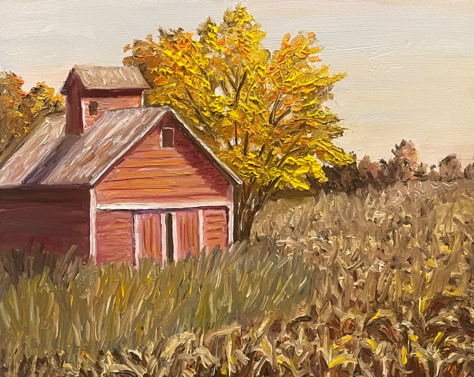 BARN BY CORNFIELD Original Oil Landscape Painting 10×8 IN. BARN FARM Wall Art