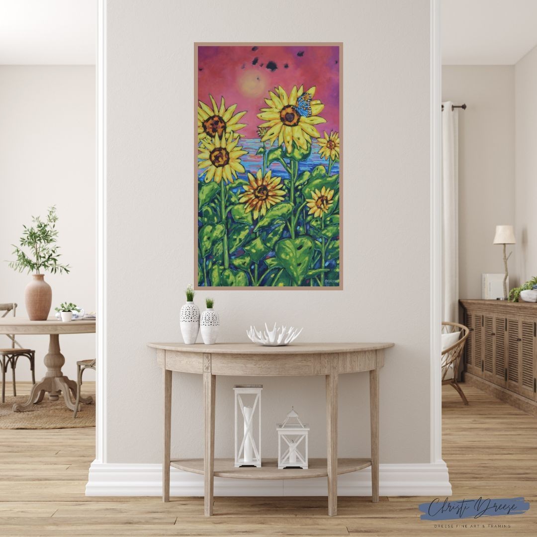 Original Oil Painting Sunflowers Lake Michigan Butterfly 36×60 Christi Dreese