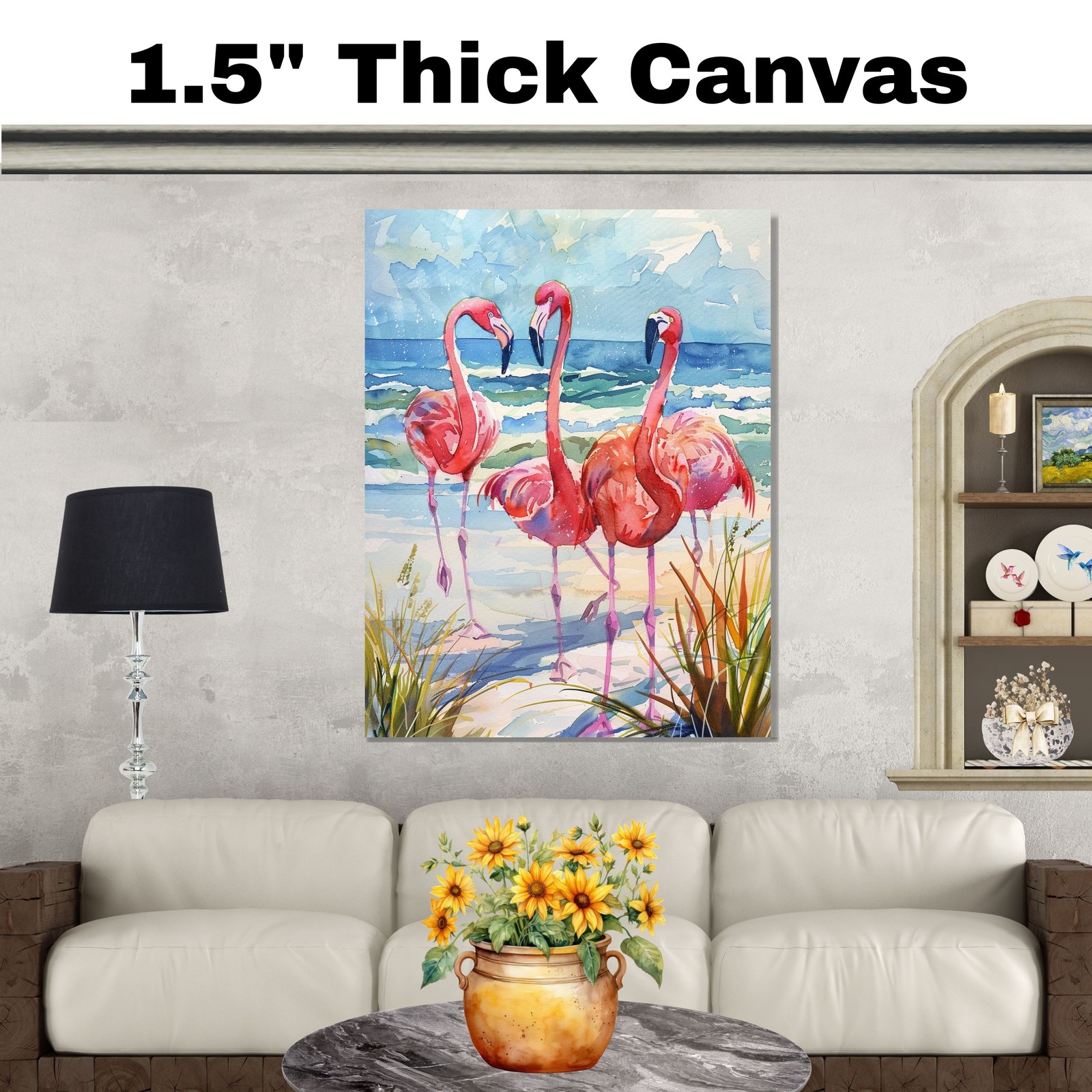 Flamingos on Beach with Ocean Waves and Coastal Grasses in Watercolor Wall Art