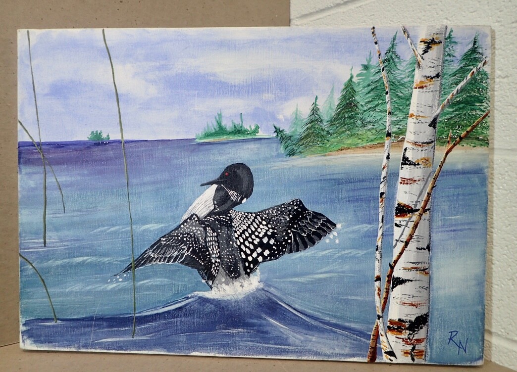 R. Naumann Amateur Loon & Birch Tree Art Painting on Canvas 14×20 unframed