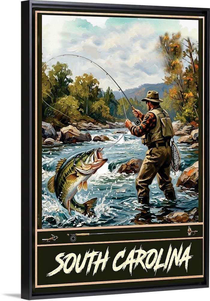 Bass Fly Fishing Travel Poster South Carolina Print, Canvas, or Framed