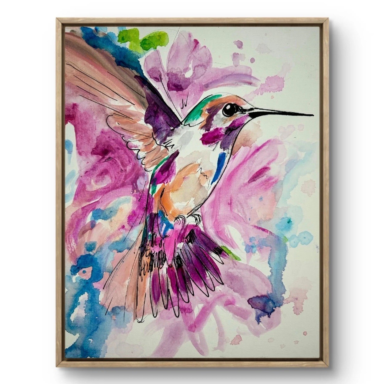 Hummingbird Painting Floral Bird Pinks 11×14 Original Garden Decor Modern Home