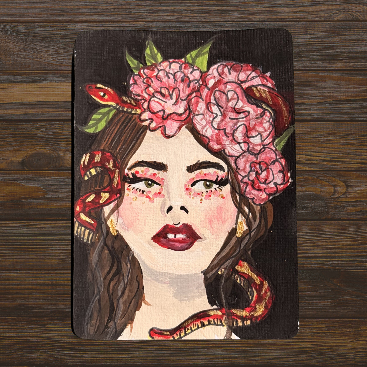 Original ACEO Woman and Snake | Red | Whimsical Acrylic Painting