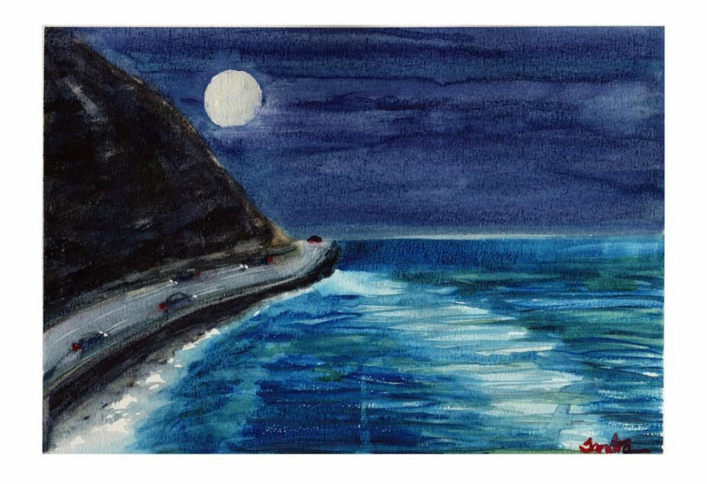 PCH Night Ventura CA : SIGNED LE Art Print : Sandra Watercolors™ California