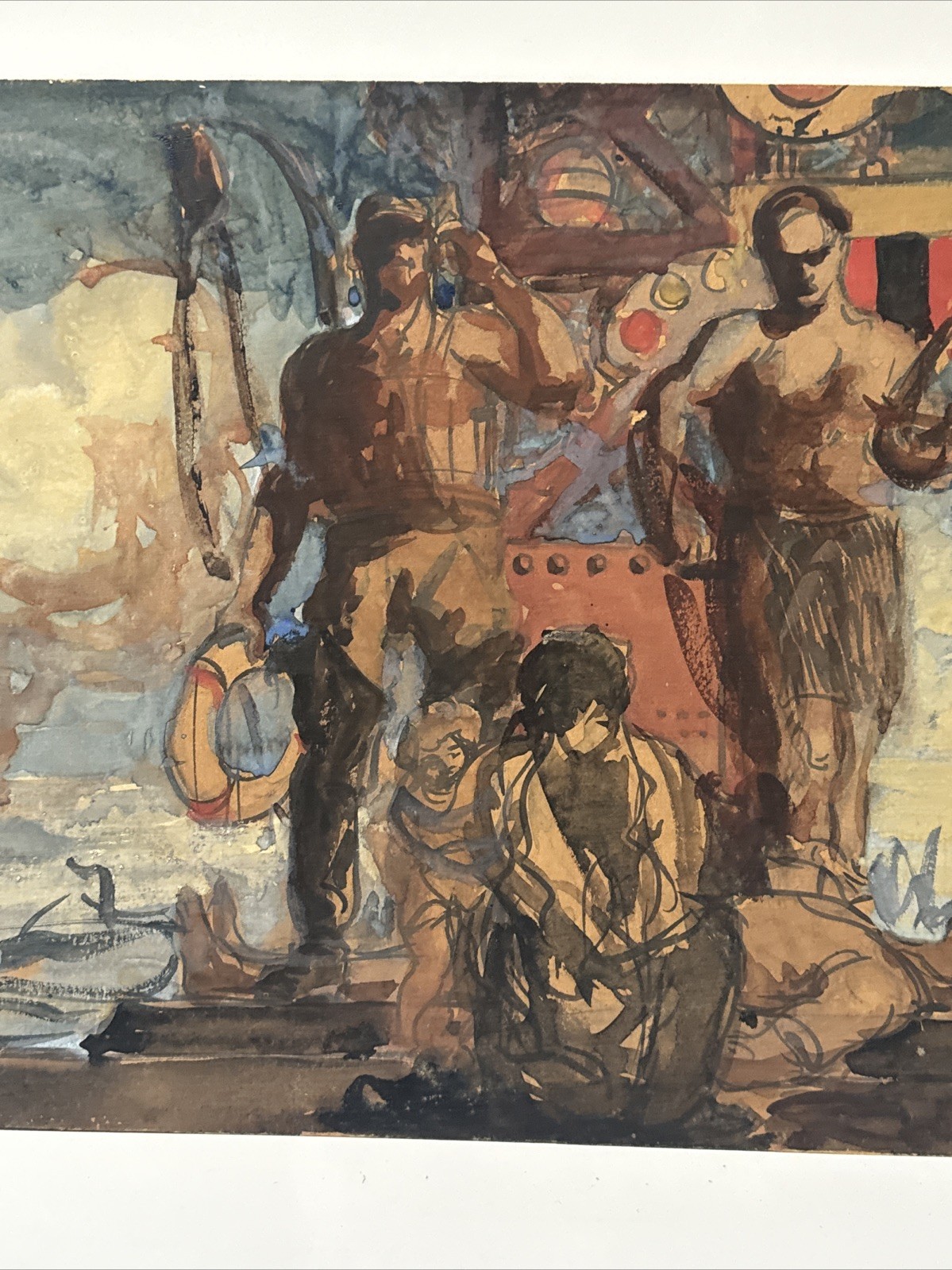 Antique Wpa Painting Illustration Frederick Dana Marsh Portrait Industrial Ships