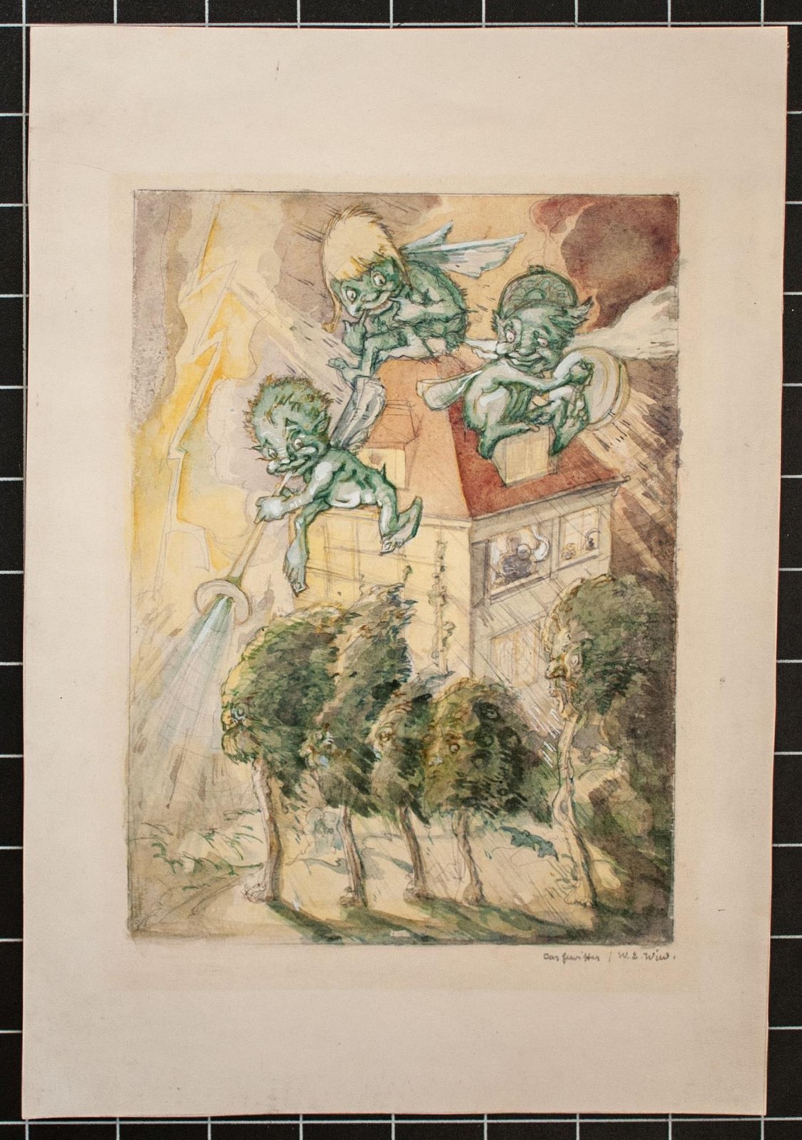 Thunderstorm Humor Cartoon Illustration illegible signed gouache 20th century