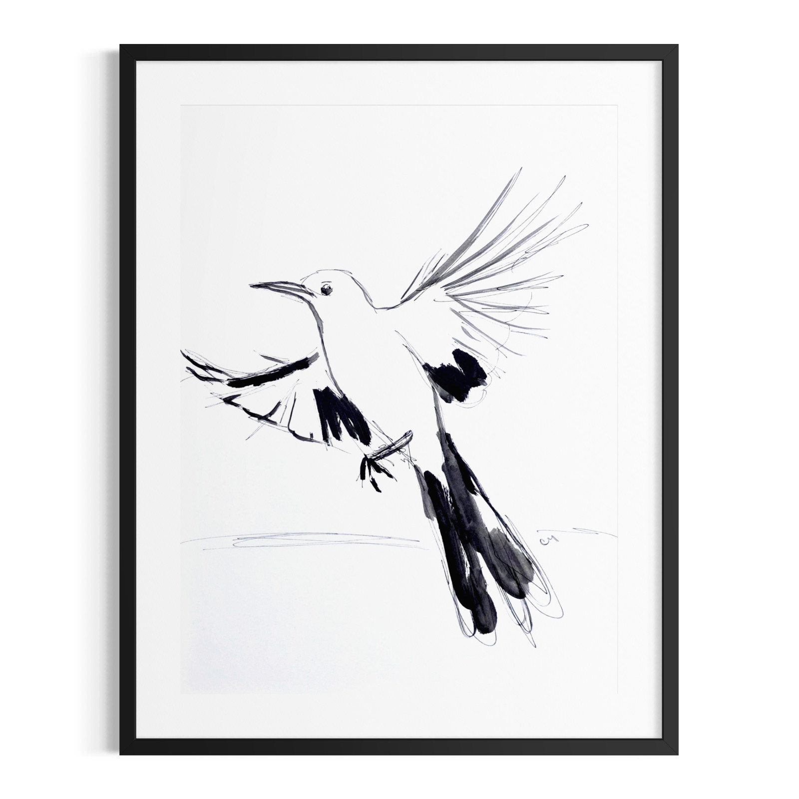 Original Contemporary Painting 9×12 Bird Black White Acrylic Ink Paper Art