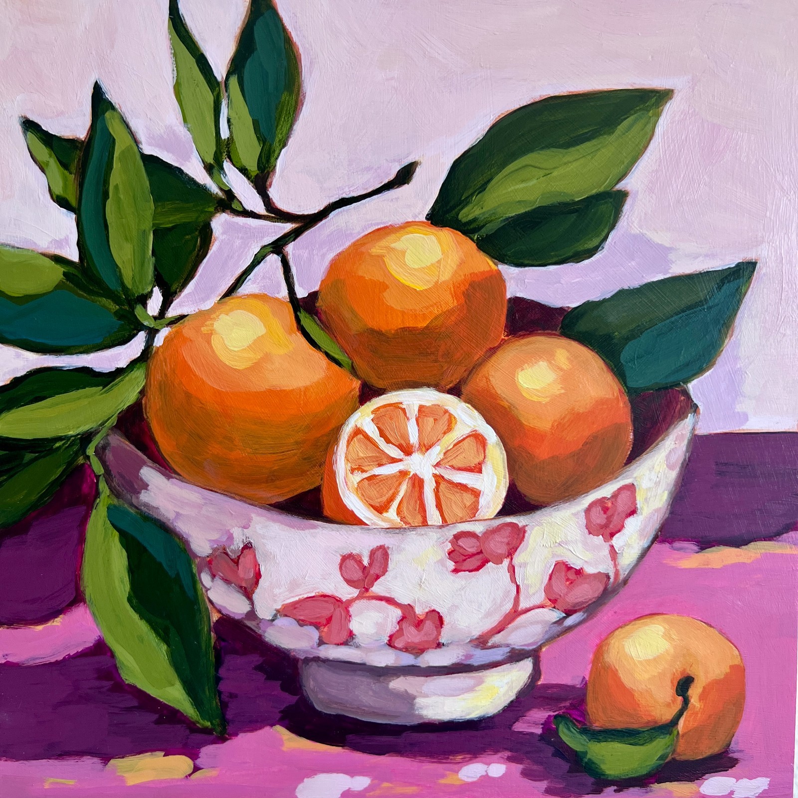 Original Still Life Painting 10″x10″ Acrylic on Wood Bowl of Oranges, Citrus Art