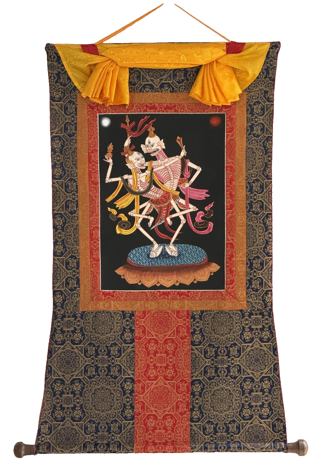 CITIPATI DANCING SKELETONS HAND-PAINTED TIBETAN THANGKA ART WITH SILK BROCADE